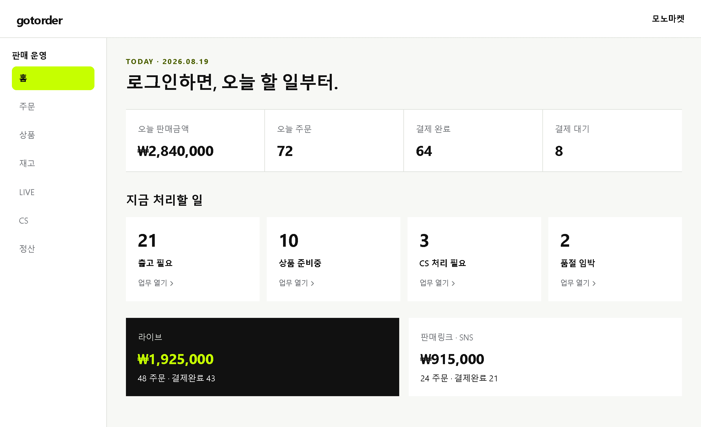오늘 처리할 업무가 보이는 모노마켓 판매자 대시보드
