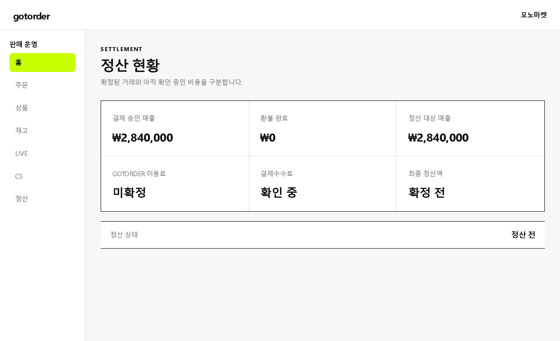 판매금액과 수수료 상태를 보여주는 정산 요약 소개 화면